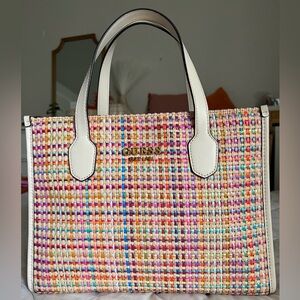 Guess Silvana Multi-Colored Straw Double Compartment Tote Bag Purse Gold NWOT